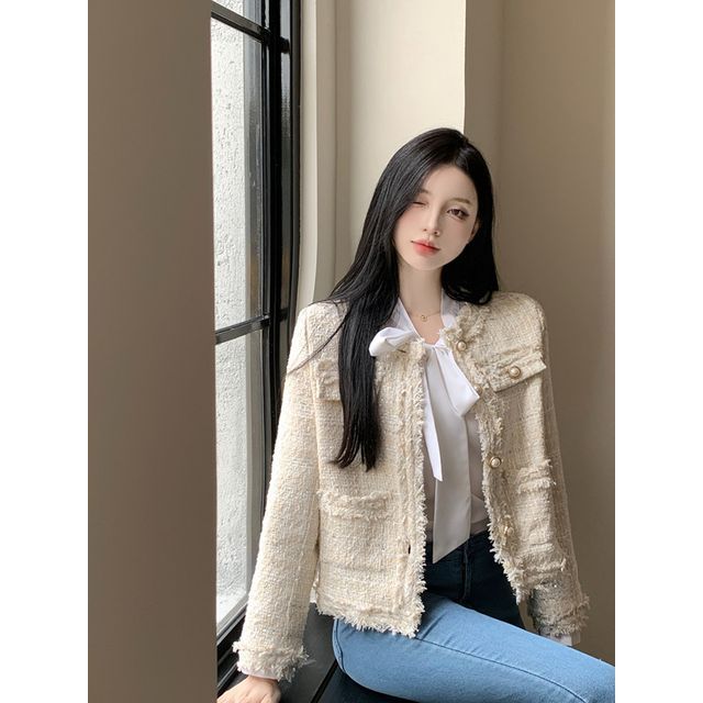 Fringed Tweed Single-Breasted Jacket