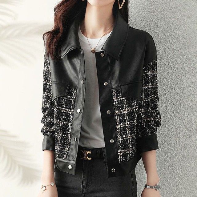 Long-Sleeve Tweed Panel Faux Leather Jacket