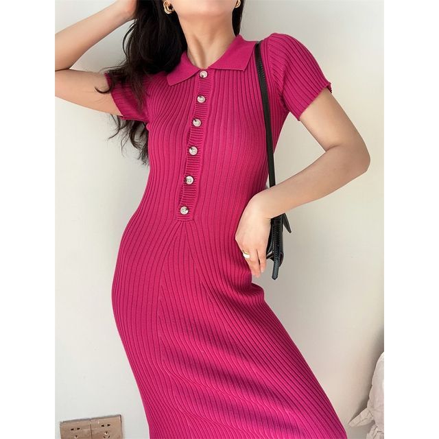 Sheath Short-Sleeve Dress Knit Midi Plain Polo