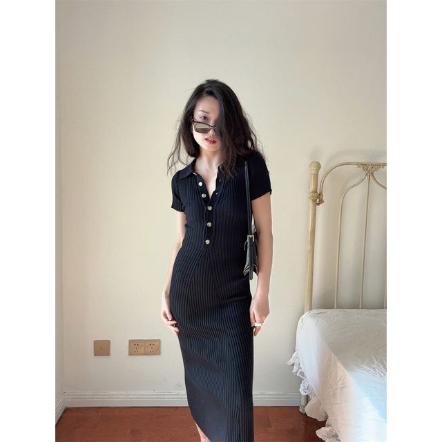 Sheath Short-Sleeve Dress Knit Midi Plain Polo