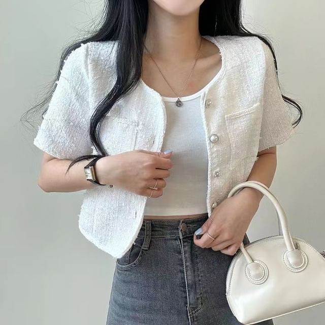 Short Sleeve Single Breasted Tweed Crop Blazer
