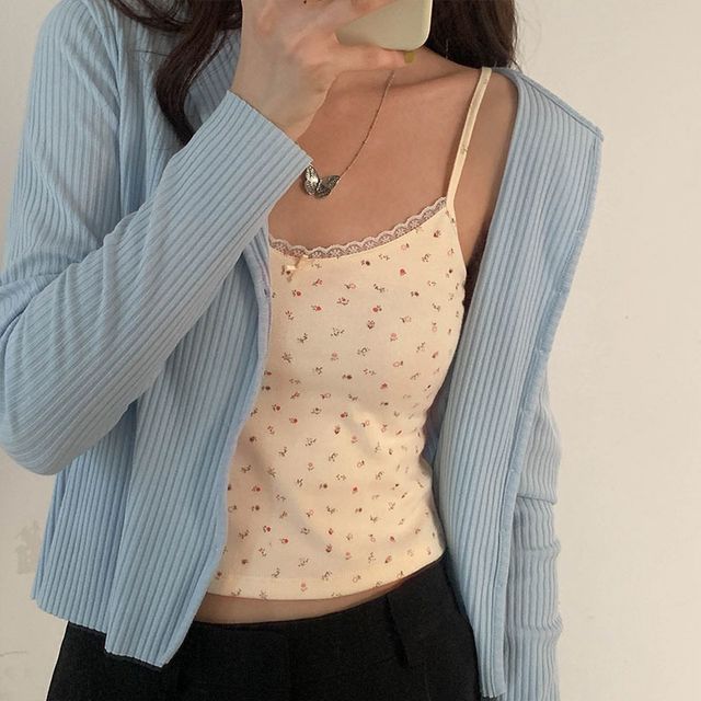 Lace Floral Trim Camisole Crop Print Top