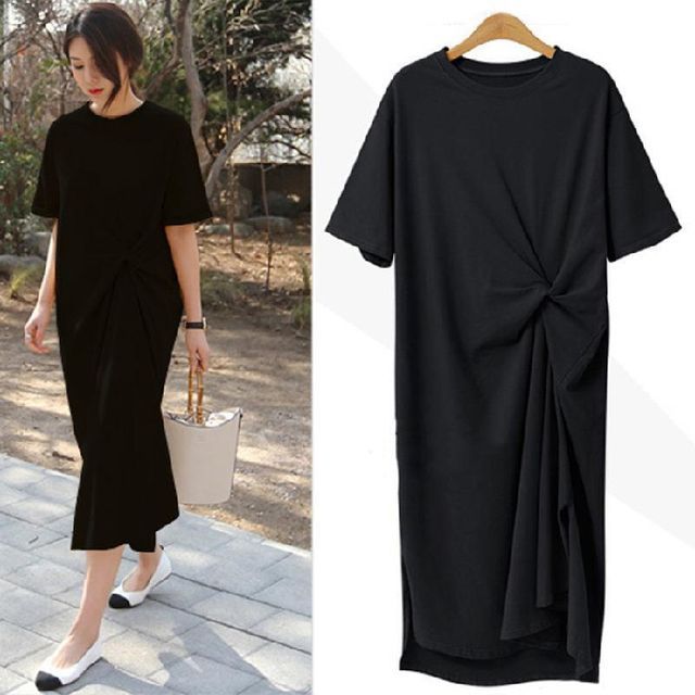 T-Shirt Twist Midi Crew Dress Neck Short-Sleeve Plain
