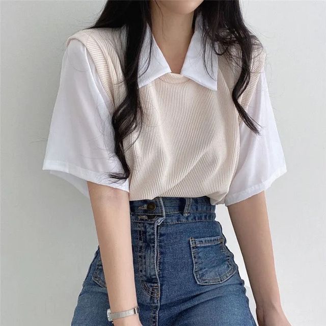 Mock Two T-Shirt Piece Collared Short-Sleeve