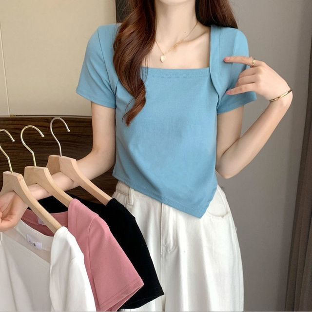 Neck Cropped Short-Sleeve Irregular Square T-Shirt
