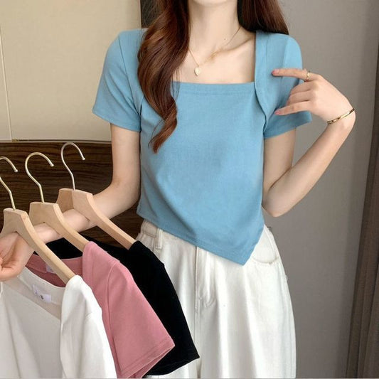Neck Cropped Short-Sleeve Irregular Square T-Shirt