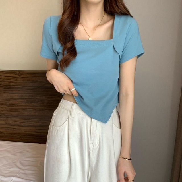Neck Cropped Short-Sleeve Irregular Square T-Shirt