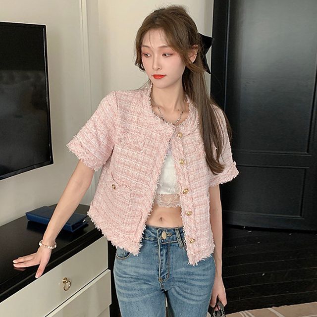 Short-Sleeve Crew Neck Tweed Button Jacket