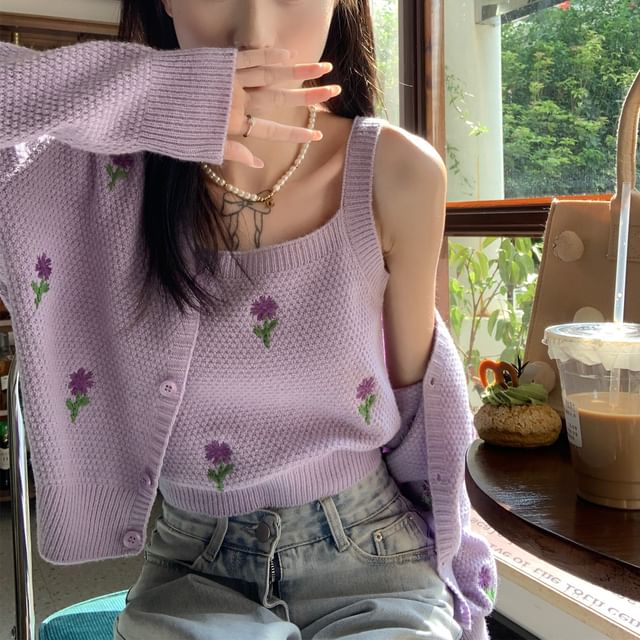 Top Embroidered Neck Knit Floral + Cardigan Crop Square Tank Set: