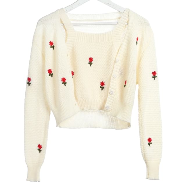 Top Embroidered Neck Knit Floral + Cardigan Crop Square Tank Set: