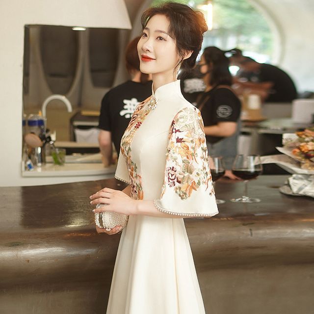 Collar Dress Mandarin Elbow-Sleeve Embroidered Floral Evening A-Line