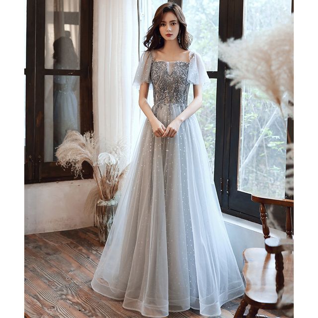 Gown Mesh / Midi Evening Sequin Cap-Sleeve Dress A-Line Panel