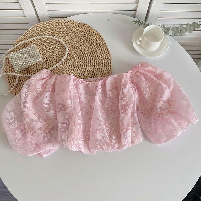 Sweetheart Collar Puff-Sleeve Cropped Top