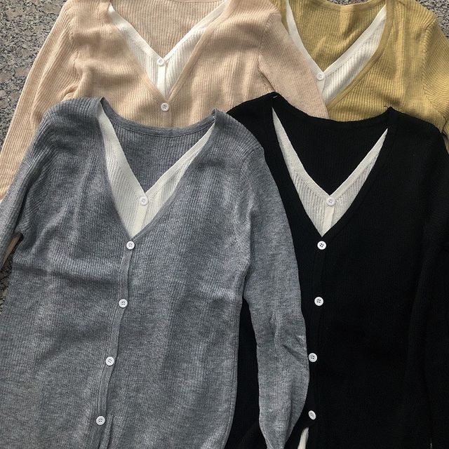 Two Button-Up Two-Piece Top Knit Mock Long-Sleeve V-Neck Tone