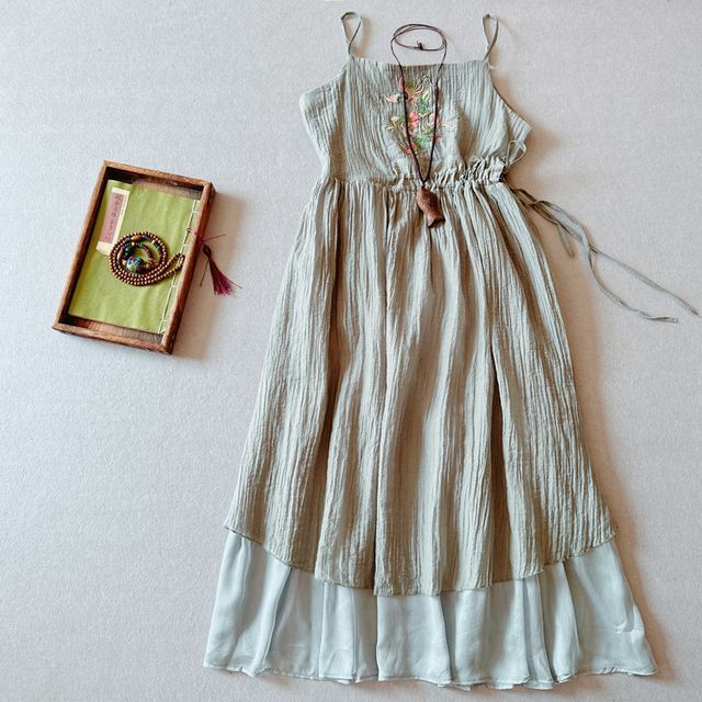 Spaghetti Strap Embroidered Drawstring Layered Midi A