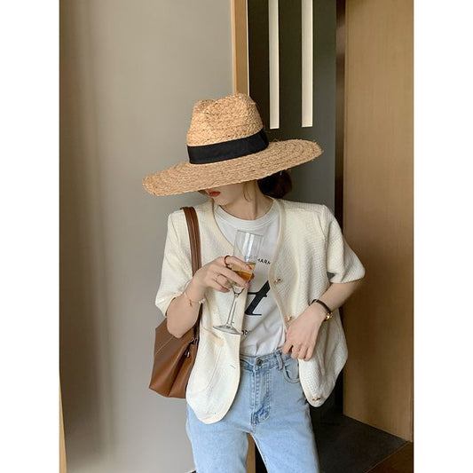 Short-Sleeve Pocket Detail Tweed Single-Breasted Jacket