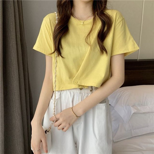 Neck Short-Sleeve Plain Buttoned Round Tee