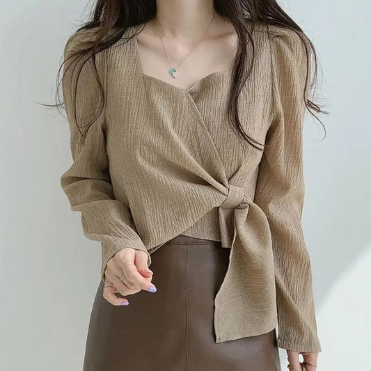 Sweetheart-Neckline Blouse Tie-Side Plain Puff-Sleeve