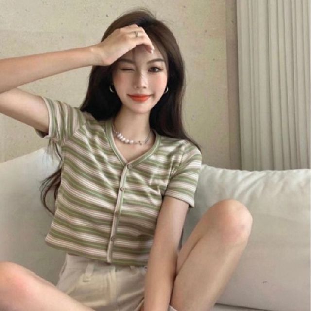 Striped Tee Button-Up Short-Sleeve Crop V-Neck