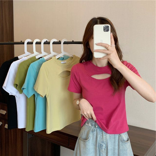 Plain Short-Sleeve Neck Cut Out T-Shirt Crew