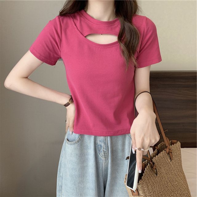 Plain Short-Sleeve Neck Cut Out T-Shirt Crew