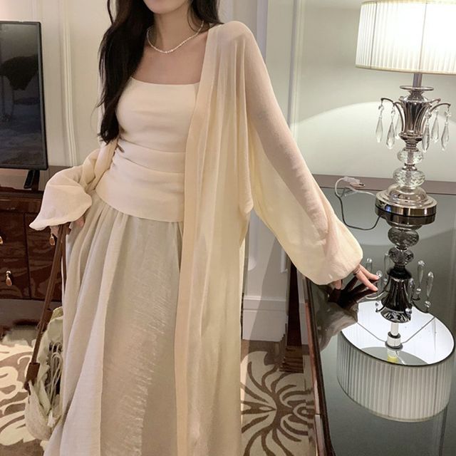 Front Plain Midi Cardigan Open