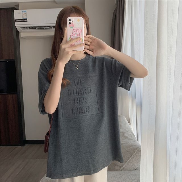 Plain Lettering Crew Elbow-Sleeve Tee Embossed Neck Oversized
