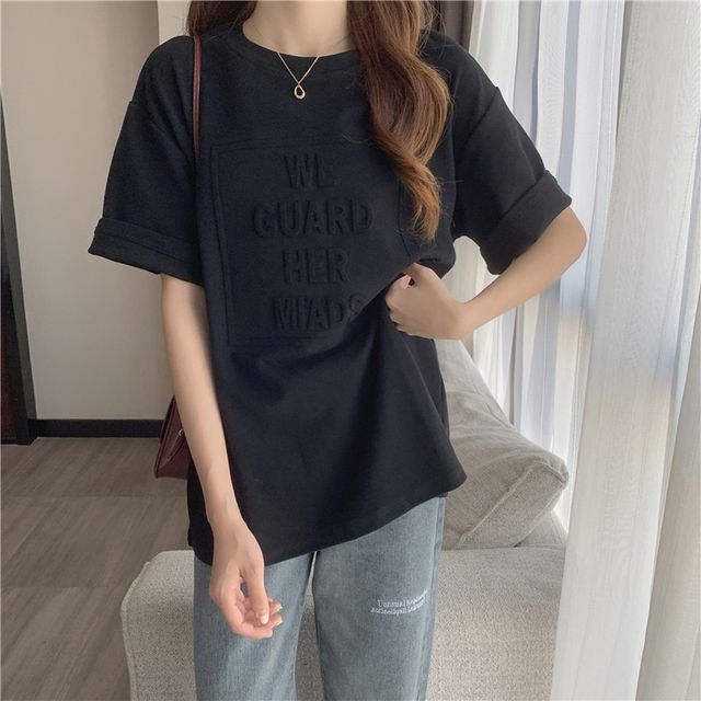 Plain Lettering Crew Elbow-Sleeve Tee Embossed Neck Oversized