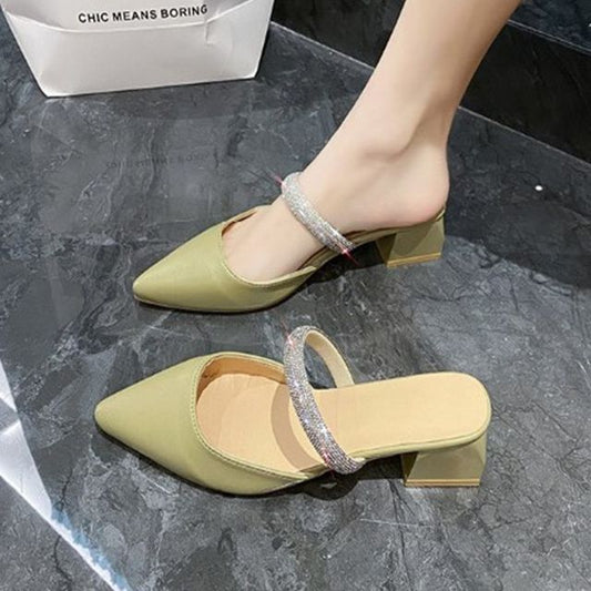 Sandals Rhinestone Chunky Heel Slide