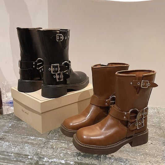 Buckled Boots Chunky Short Heel