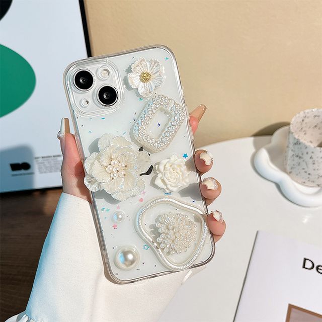 Case Faux Transparent Floral Pearl Phone
