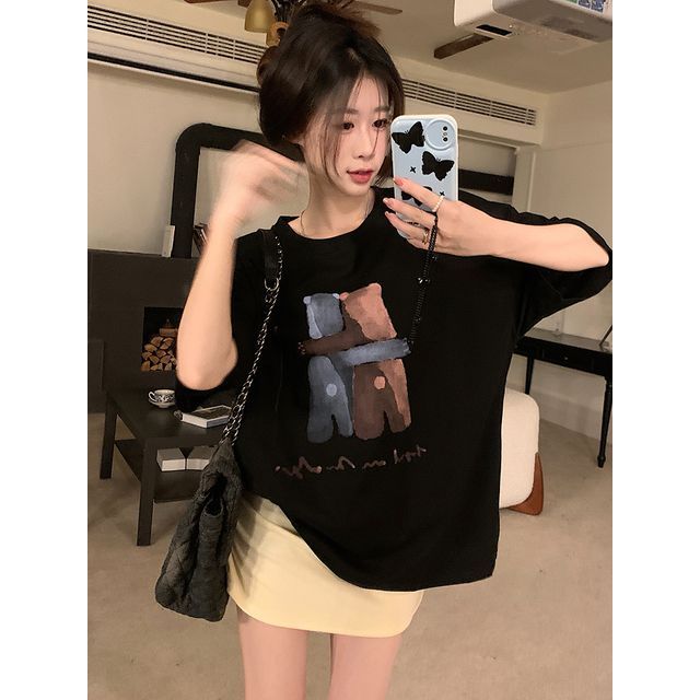 T-Shirt Crew Print Illustration Elbow-Sleeve Neck