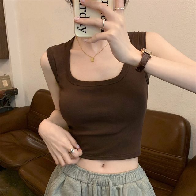 Plain Crop Tank Neck Square Top