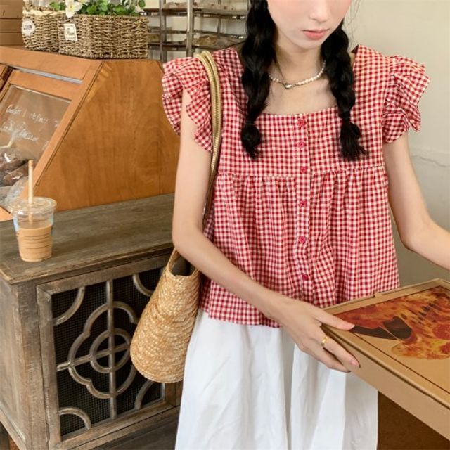 Blouse Gingham Ruffle Sleeveless