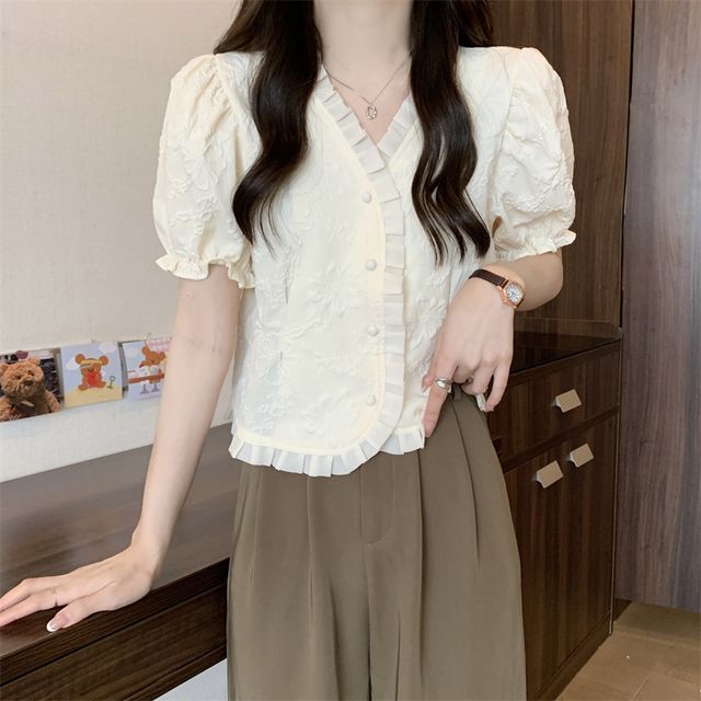Frill V-Neck Short-Sleeve Jacquard Blouse