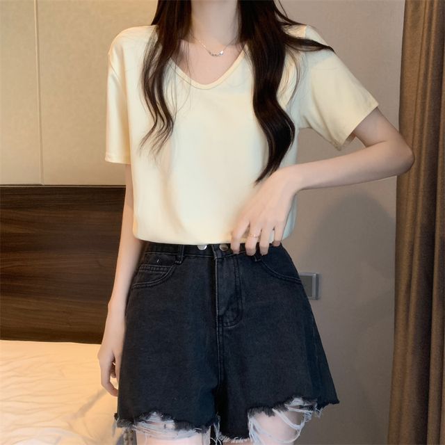 Plain V-Neck Short-Sleeve T-Shirt