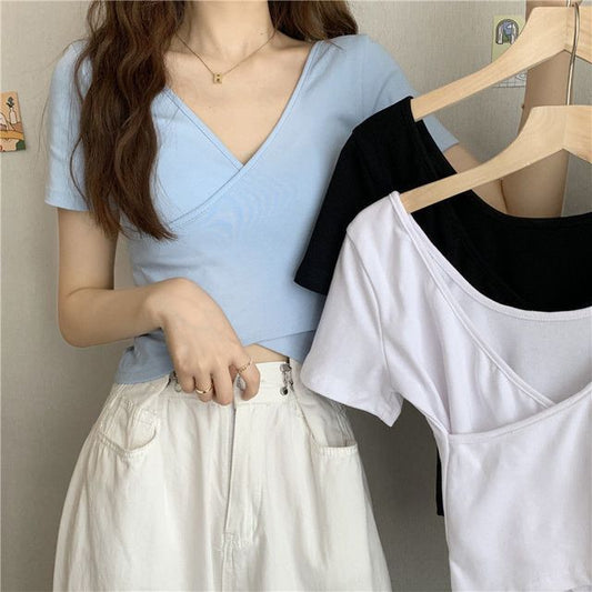 V-Neck Crop T-Shirt Wrap Plain Short-Sleeve