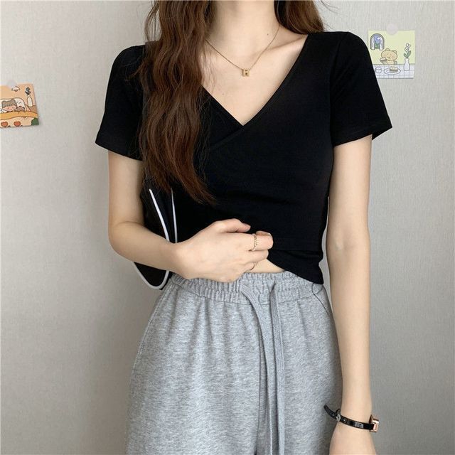 V-Neck Crop T-Shirt Wrap Plain Short-Sleeve