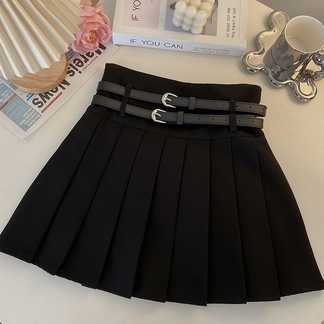 A-Line Plain Mini Skirt Pleated