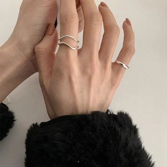 / Layered Geometric Wavy Open Alloy Ring