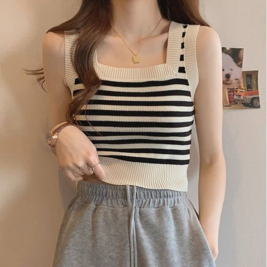 Striped Neck Top Square Crop Tank