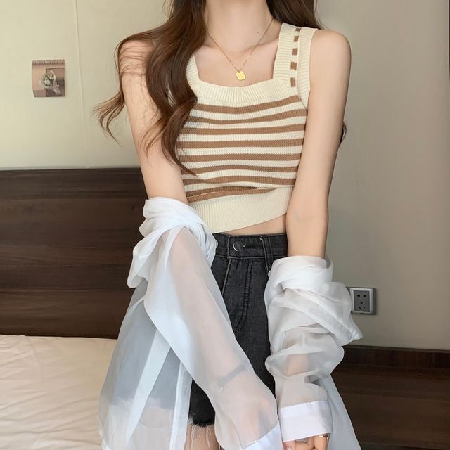 Striped Neck Top Square Crop Tank