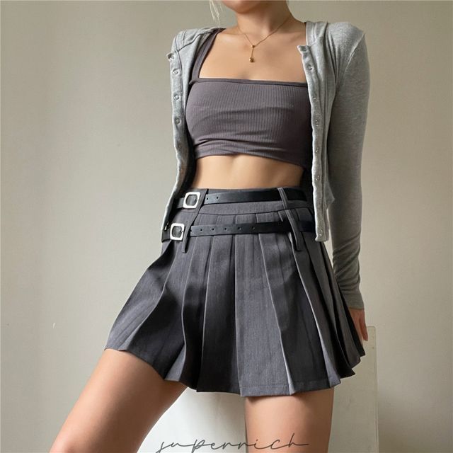 Rise Plain Pleated Mini Skirt High