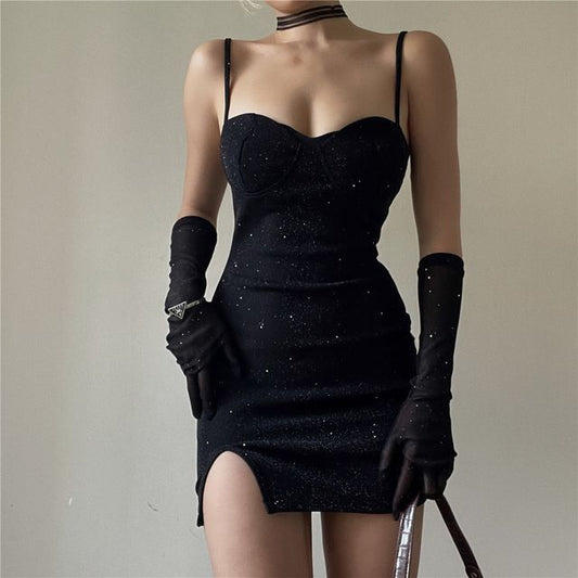 Mini Spaghetti Gloves Rhinestone Long + Neckline Sweetheart Strap Dress Bodycon Set:
