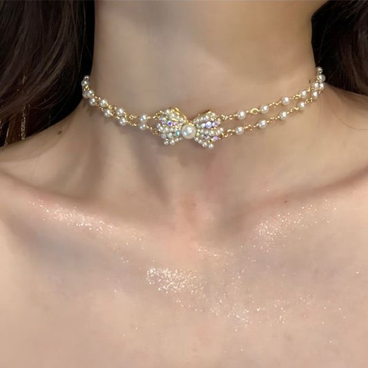 Bow Layered Choker Faux Pearl Alloy