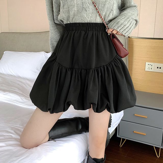 Plain High-Waist Bubble Skirt