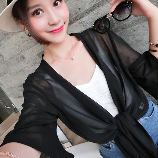 Jacket Front Crop Elbow-Sleeve Tie Chiffon Plain