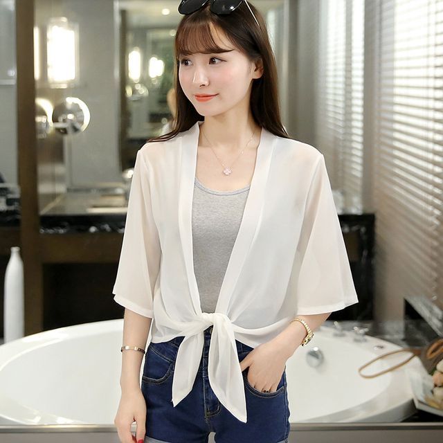 Tie Plain Chiffon Crop Front Jacket Elbow-Sleeve