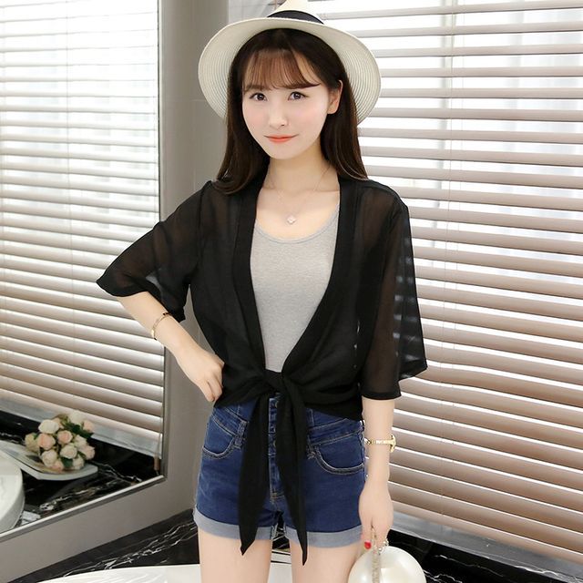 Tie Plain Chiffon Crop Front Jacket Elbow-Sleeve