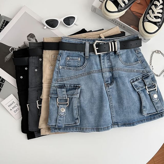 High Waist Mini Denim Cargo Skort
